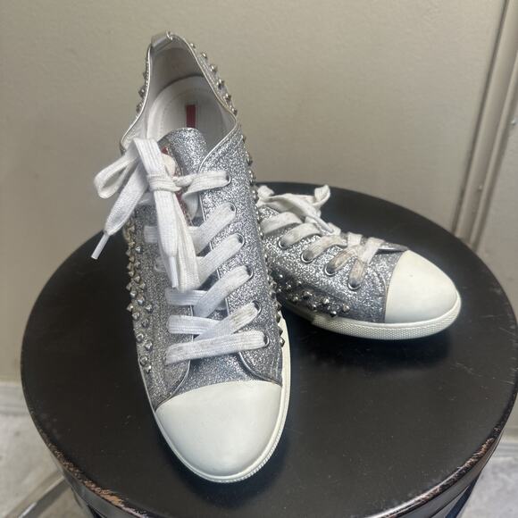 Prada Silver Glitter Studded Low Top Sneakers EU 40 - Picture 2 of 16